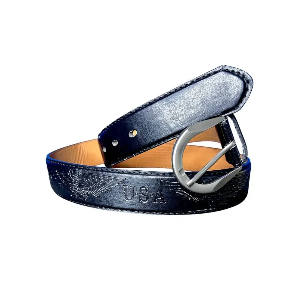 Womens Black Genuine Leather Belt Sz L 30-40 USA Eagle Classic Casual Patriotic